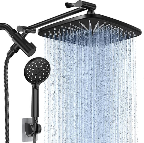 Veken 12 Inch High Pressure Rain Shower Head Combo with Extension Arm- Wide Rainfall Showerhead with 5 Handheld Water Spray - Adjustable Dual Showerhead with Anti-Clog Nozzles - Matte Black