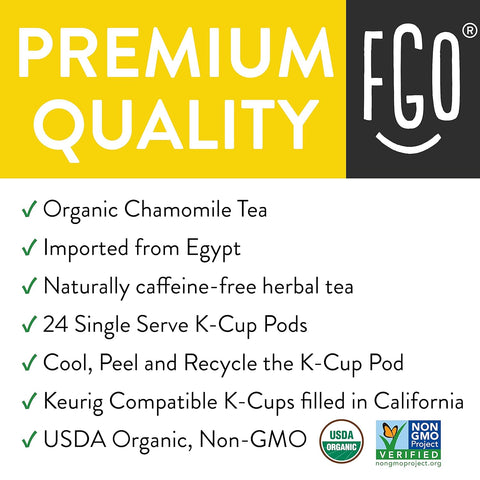 Organic Chamomile Herbal Tea K-Cup Pods, 24 Pods by FGO - Keurig Compatible - Naturally Caffeine-Free Tea, Premium Green Tea is USDA Organic, Non-GMO, & Recyclable