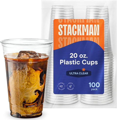 Stack Man [100 Pack - 20 oz.] Clear Disposable Plastic Cups PET Crystal Clear Disposable 20oz Plastic Cups