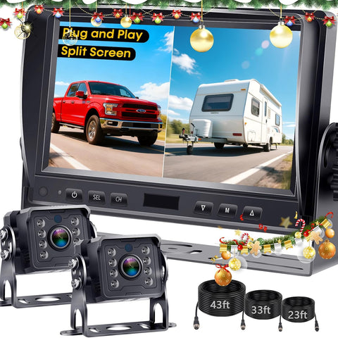 Dual RV Backup Camera System: 7" Monitor with Split Screen No Lag Easy Installation Plug