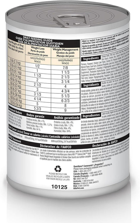 Hill's Science Diet Perfect Weight, Adult 1-6, Weight Management Support, Wet Dog Food, Chicken & Vegetables Stew, 12.5 oz Can,