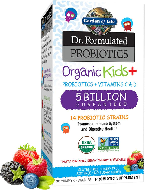 Garden of Life Dr. Formulated Probiotics for Kids, Organic Kids+ - Berry Cherry, 5 Billion CFU Chewable Probiotic Plus Vitamin C and D, Dairy Free Immune Digestive Health Supplement, 30 Chewables