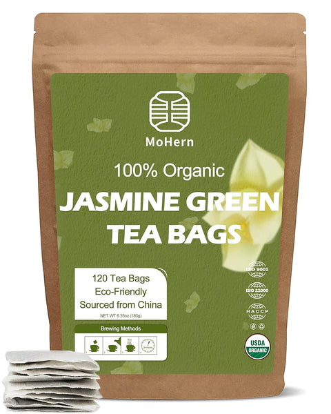 Organic Jasmine Green Tea Bags, 120 Bags of Jasmine Green Tea, Eco-Friendly