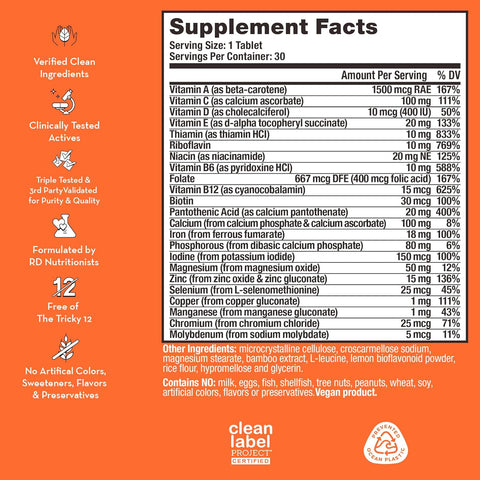 HUM Base Control - Daily Multivitamin & Mineral with B Complex 22 Micro-Nutrients & Iron - Non-GMO Soy-Free & Gluten-Free (30 Tablets)