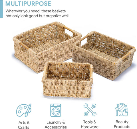 VATIMA Seagrass Baskets with Wooden Handles, Set of 3 Decorative Natural Wicker Baskets for Kitchen