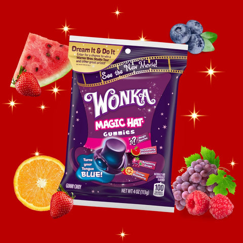 Sweetzo NEW Wonka Gummy Hats, Assorted Fruit Flavored Candies, Movie Themed Candy Stocking Stuffer Gifts, 4 Ounces