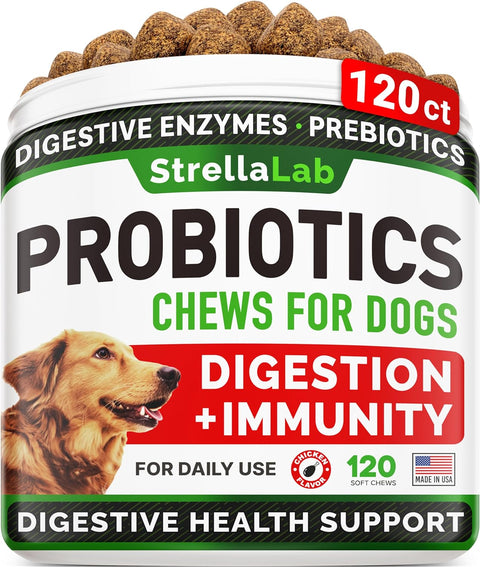 StrellaLab Pet Probiotics for Dogs & Digestive Enzymes + Digestion & Gut Health Treats, Dog Probiotics Chews, Fiber Supplement, Anti Diarrhea, Constipation, Upset Stomach&Gas Relief, Canine Prebiotic