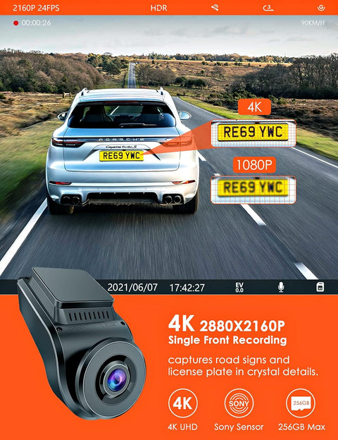 Vantrue S1 4K Dash Cam Front and Rear, 1080P Dual GPS Dash Camera with 24 Hours Parking Mode, Enhanced Night Vision, Motion Detection, Capacitor, Single Front 60FPS, G-Sensor, Support 256GB Max