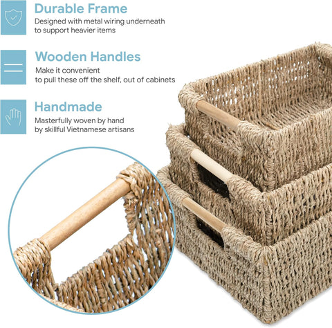 VATIMA Seagrass Baskets with Wooden Handles, Set of 3 Decorative Natural Wicker Baskets for Kitchen