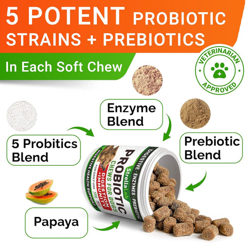 StrellaLab Pet Probiotics for Dogs & Digestive Enzymes + Digestion & Gut Health Treats, Dog Probiotics Chews, Fiber Supplement, Anti Diarrhea, Constipation, Upset Stomach&Gas Relief, Canine Prebiotic