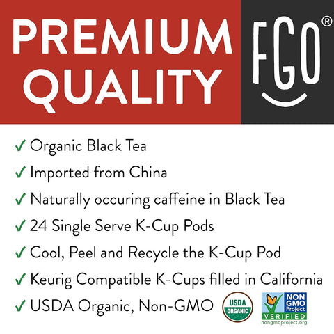 Organic Black Tea K-Cup Pods, 24 Pods by FGO - Keurig Compatible - Naturally Occurring Caffeine, Premium Black Tea is USDA Organic, Non-GMO, & Recyclable