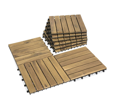 Acacia Wood Decking Tiles 9PCS - Easy Snap Interlocking Deck Tiles for Patio Poolside Balcony Decor - All Weather Waterproof Flooring for Indoor & Outdoor (Round Joints)