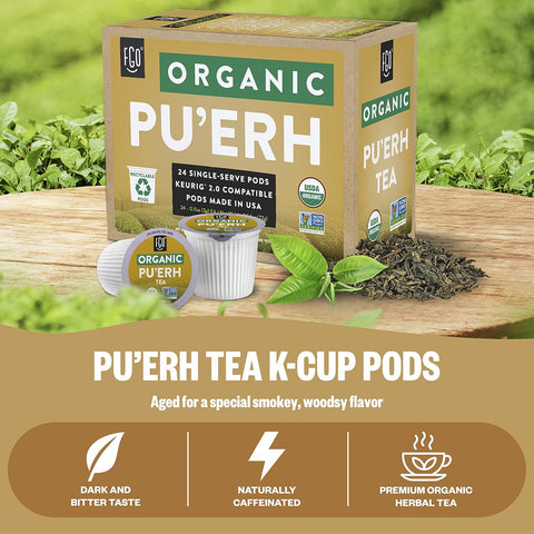 Organic Puerh K-Cup Pods, 24 Pods by FGO - Organic, Non-GMO, & Recyclable - Compatible with Keurig 2.0