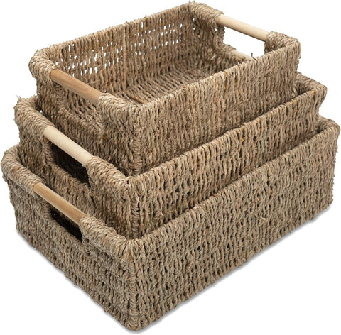 VATIMA Seagrass Baskets with Wooden Handles, Set of 3 Decorative Natural Wicker Baskets for Kitchen