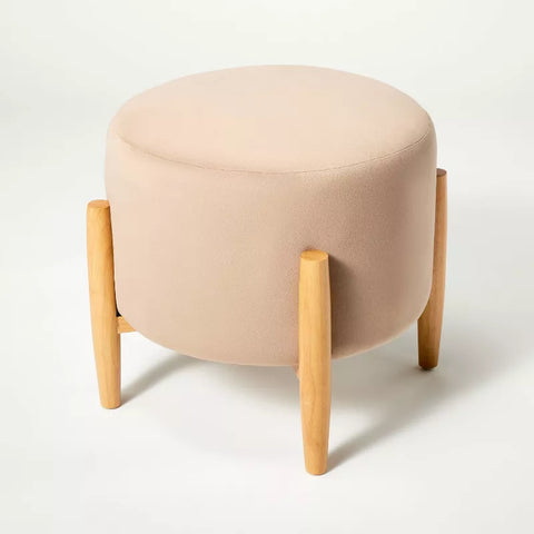 Elroy Round Velvet Ottoman with Wooden Legs Light Brown - Threshold™ Designed with Studio McGee: Upholstered Footstool, Plywood Frame