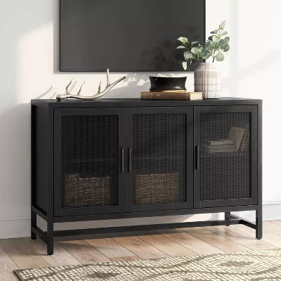 Warwick 3 Door Accent TV Stand for TVs up to 59" Stand Black - Threshold™: Transitional Style, Hardwood Frame, Metal Hardware