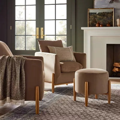 Elroy Round Velvet Ottoman with Wooden Legs Light Brown - Threshold™ Designed with Studio McGee: Upholstered Footstool, Plywood Frame