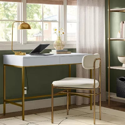 Loring Wood Writing Desk with Drawers and Charging Station White/Gold - Threshold™: Home Office, USB Port