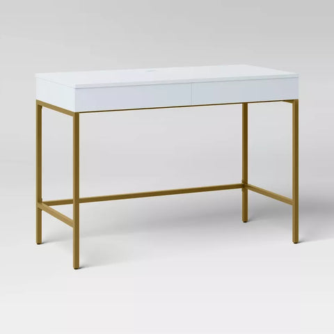 Loring Wood Writing Desk with Drawers and Charging Station White/Gold - Threshold™: Home Office, USB Port