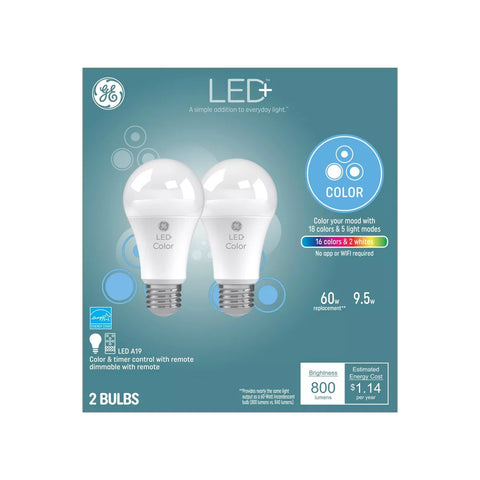 GE LED+ Color Changing Light Bulbs with Remote Control 18 Color Options A19 Light Bulbs 2pk