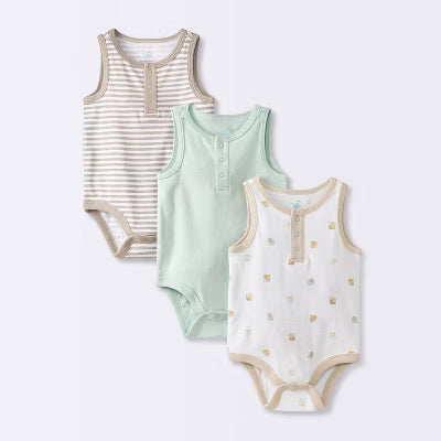 Baby 3pk Sleeveless Henley Bodysuit - Cloud Island™ Mint Green 3-6M: Cotton, Snail & Stripe Pattern