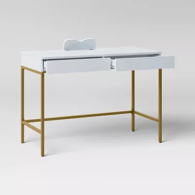 Loring Wood Writing Desk with Drawers and Charging Station White/Gold - Threshold™: Home Office, USB Port