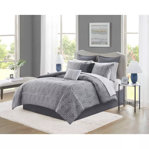 King - 12pc King Aya Jacquard Geo Comforter & Sheets Bedding Set - Gray