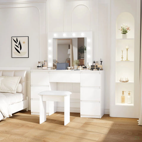 Large White Vanity Tables With Mirror And Light