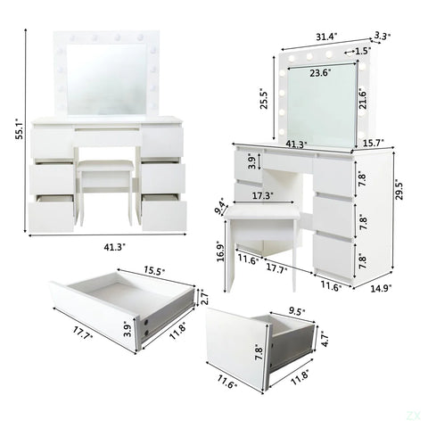 Large White Vanity Tables With Mirror And Light