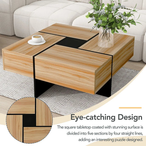 Unique Design Coffee Table with 4 Hidden Storage Compartments, Extendable Sliding Tabletop, UV High-Gloss Finish, 31.5"x31.5", Brown